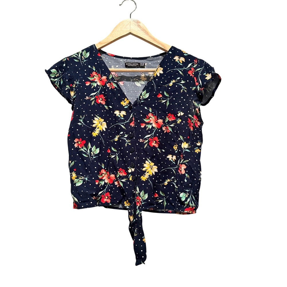 Bershka Navy Floral Polka Dot Tie Front Top XS V-Neck Girly Summer Blouse